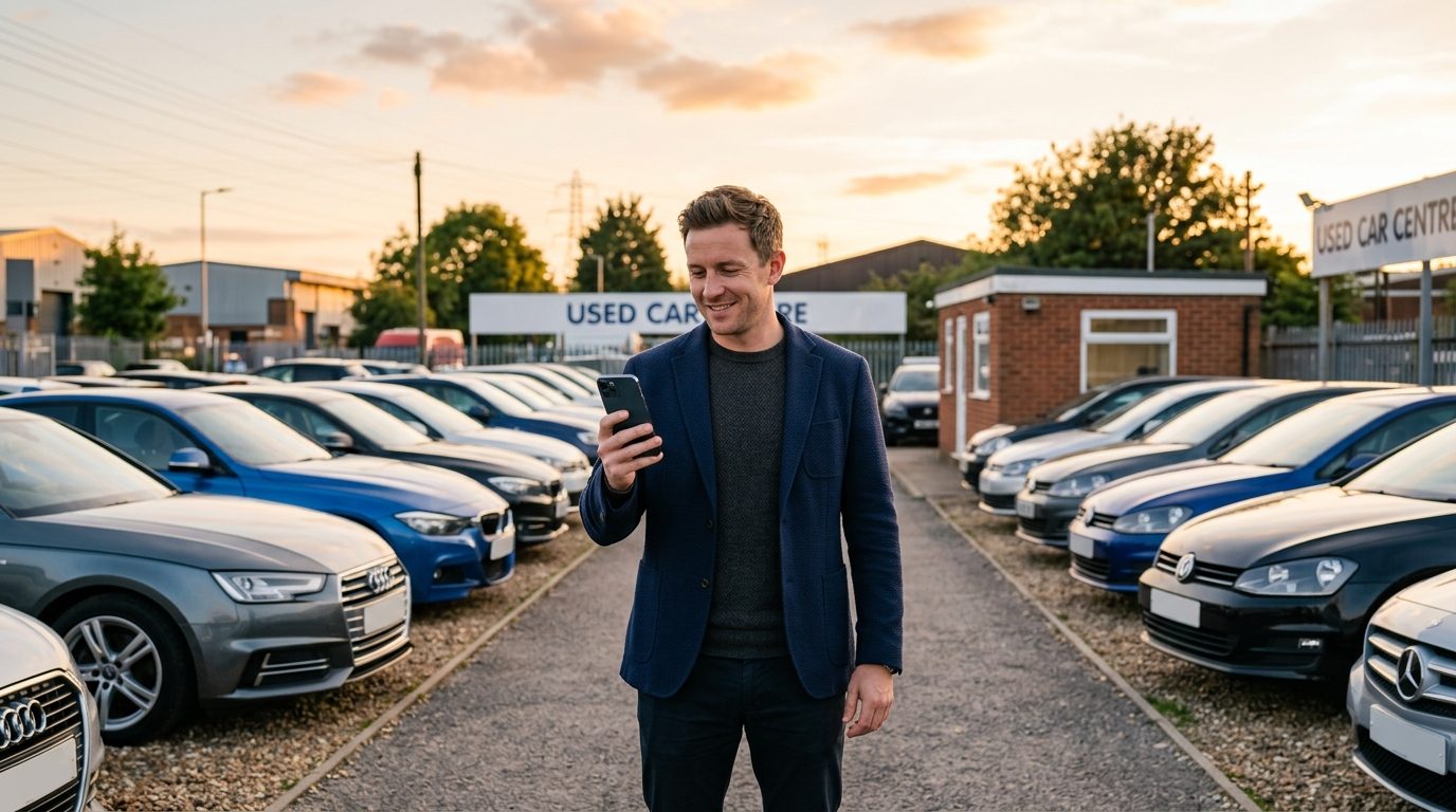 A dealer checking his stock on his phone on the forecourt