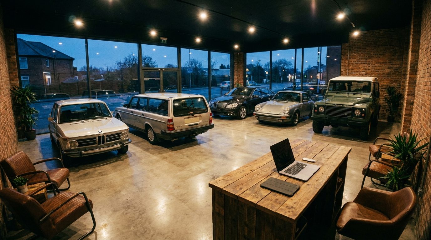 An independent showroom at dusk
