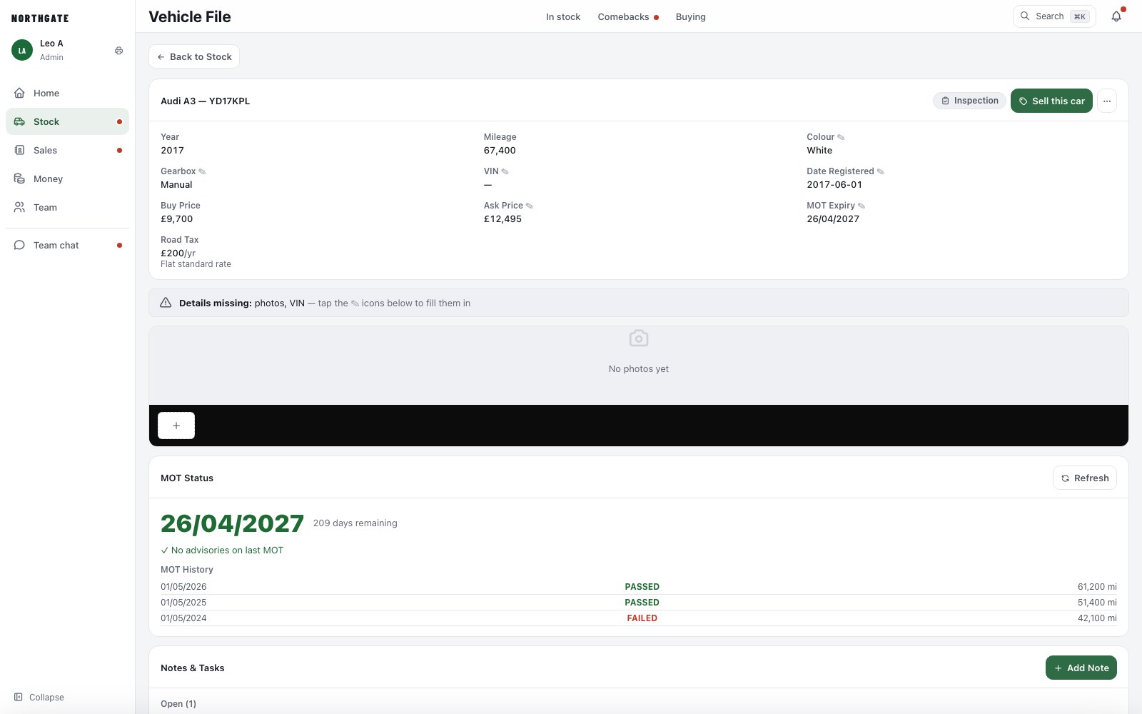 A car's file with sell, inspection and website buttons
